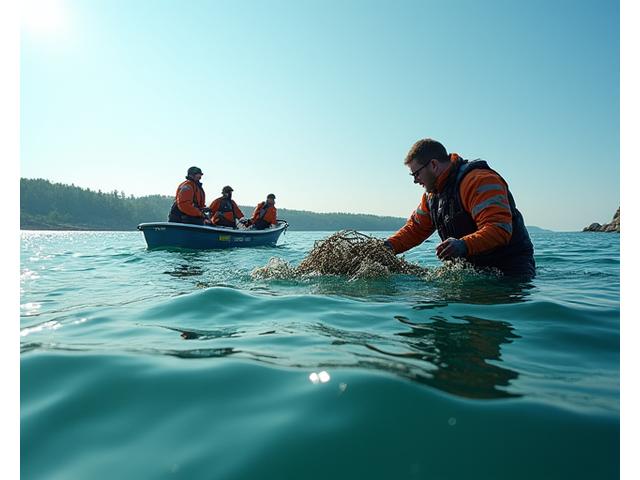 Fishermen or divers actively recovering plastic waste and ghost gear from the ocean, showing collaboration and environmental care.