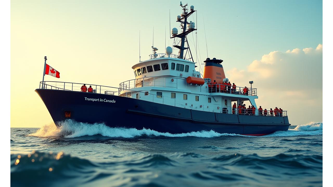 Commercial fishing vessel safely navigating Atlantic waters with crew wearing certified safety gear from Perennial Catch, Transport Canada flag visible