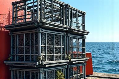 Stack of heavy-duty deepwater crab and lobster traps, constructed from reinforced steel mesh and designed for easy deployment and retrieval offshore.