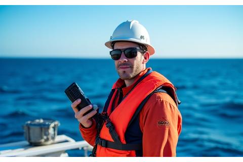 Crew member demonstrating the use of a satellite emergency notification device on the deck of an offshore vessel, with clear visibility of open ocean.