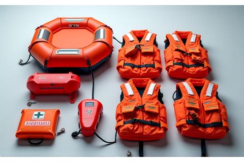 Assortment of marine safety equipment including life rafts, EPIRBs, life jackets, and a first-aid kit, neatly arranged for inspection.