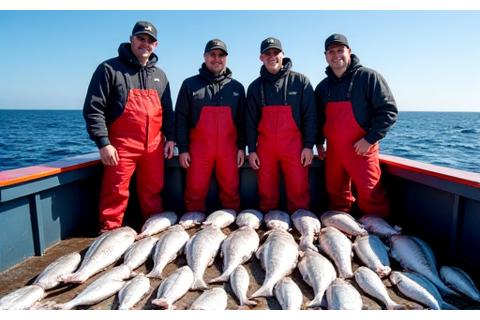 Commercial fishing vessel crew proudly displaying a significant catch of deepwater groundfish on deck, signifying a successful run.