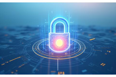 Abstract image of a digital shield or lock protecting data, symbolizing data protection and security with a modern aesthetic.