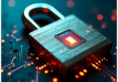 Close-up of a sturdy, modern padlock integrated into a digital circuit board, symbolizing robust digital security and data protection.